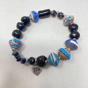Mixed Media Glass Beads Stretch Bracelet Funky‎ Boho Eclectic Artsy Marked Blue